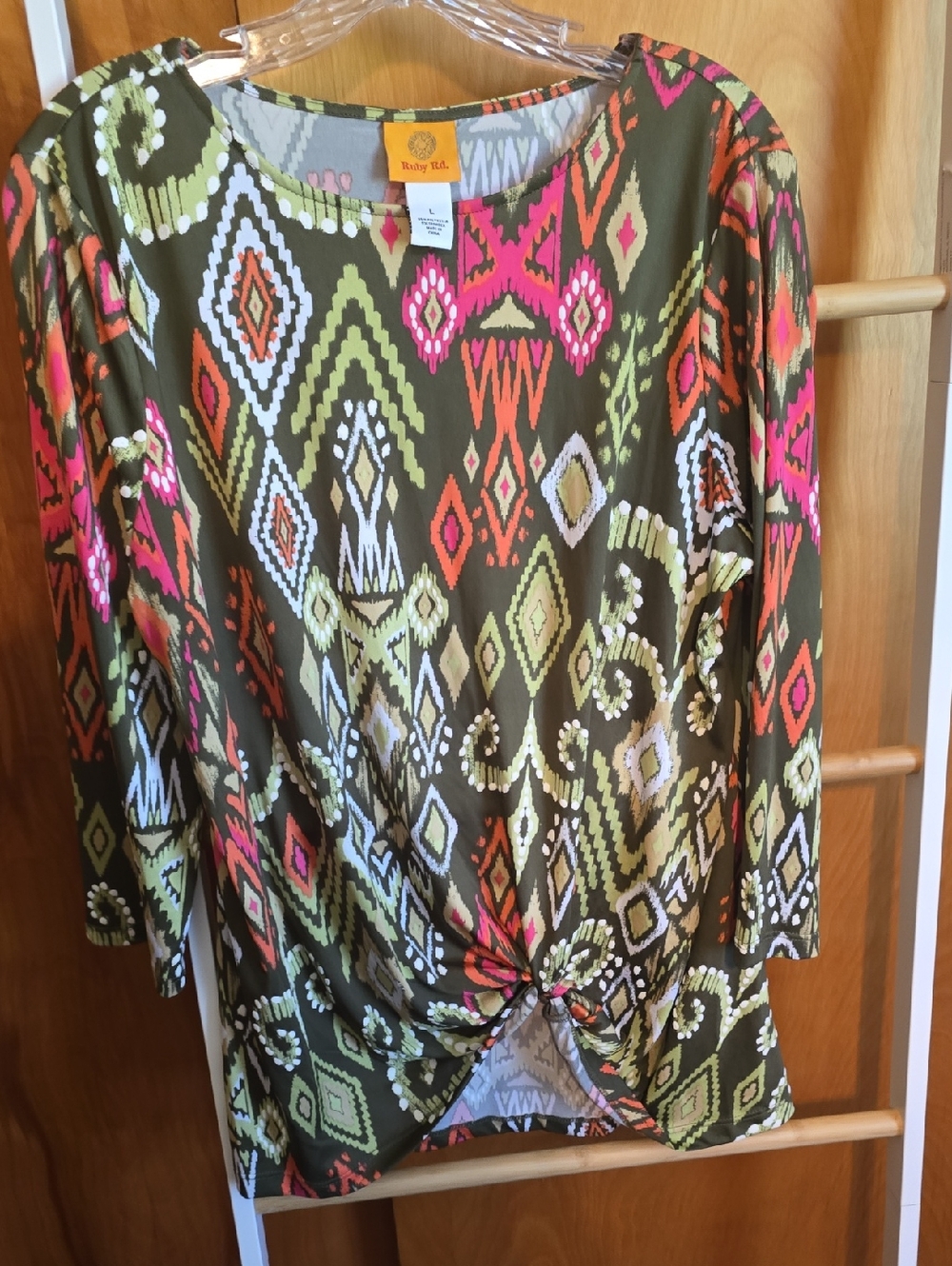 Ruby Rd. Olive Ikat Twist-Front Tunic with Pink & Lime Motif